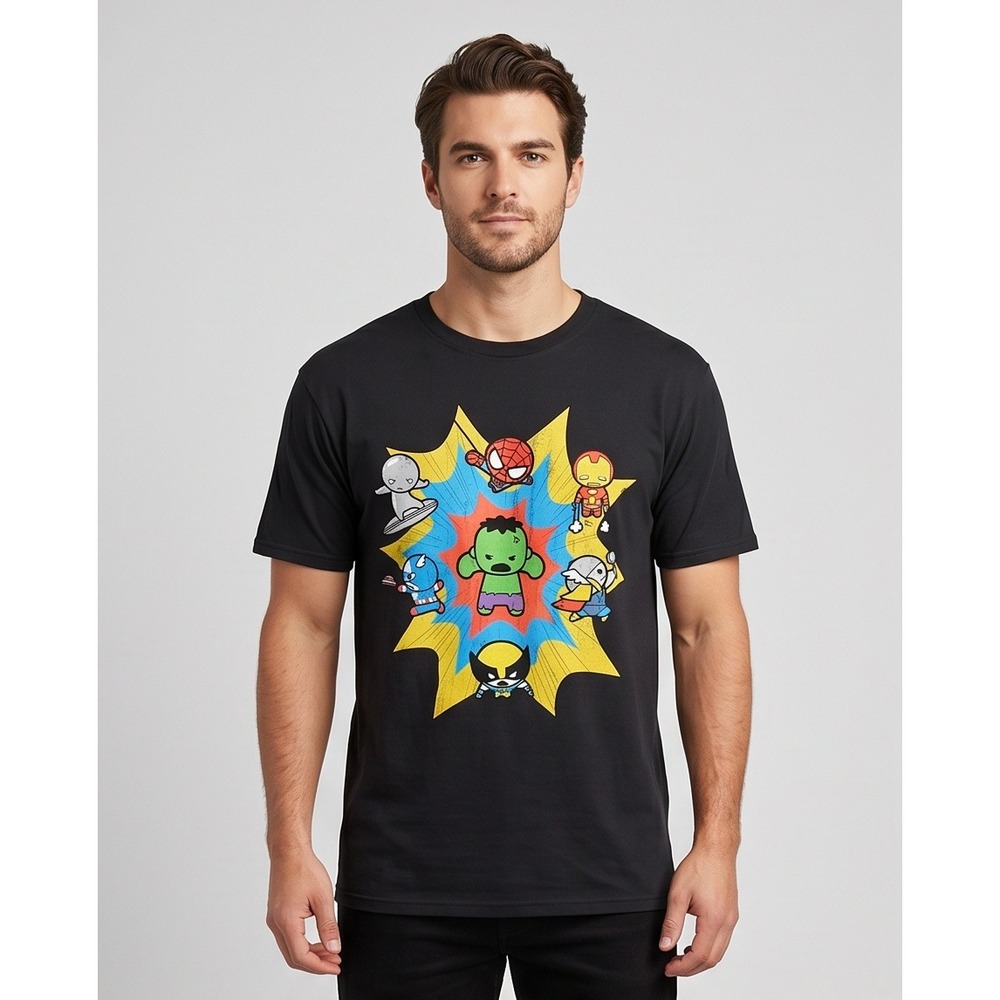 Marvel‎ Avengers Men's XL Chibi Superheroes Graphic T-Shirt Black Anime Cartoon